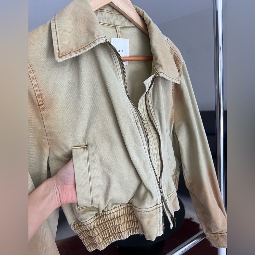 Mango washed beige tan Bomber jacket Sz S - Picture 7 of 9